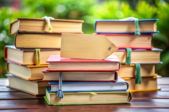 Stacks of colorful old books with wooden tag on wooden table