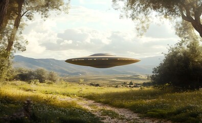 Fototapeta premium UFO over rural landscape.