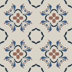 Seamless Tile pattern with blue, brown, and deep blue floral background elements.