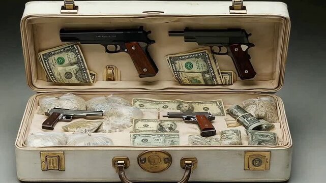 Case filled with guns, drugs, and money.  Possible stock photo use