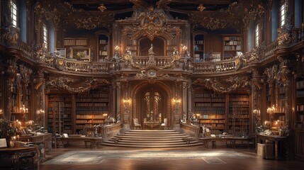 Fototapeta premium An impressive library with wooden bookshelves filled with books in a classic and elegant style