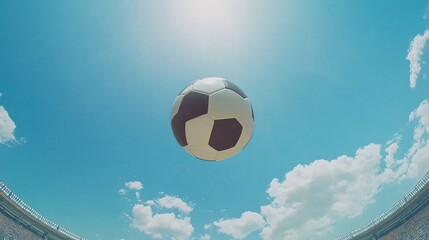 Soccer ball against blue sky in stadium