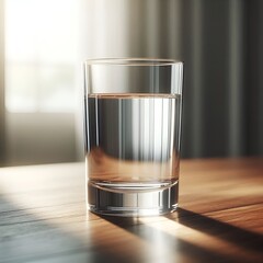 A clear glass of water on sunlit wooden table indoors.

