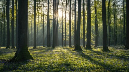 Sunlight filtering through a dense forest at dawn.