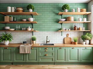 Minimalist Rustic Green Kitchen: Wooden Shelves & White Tiles