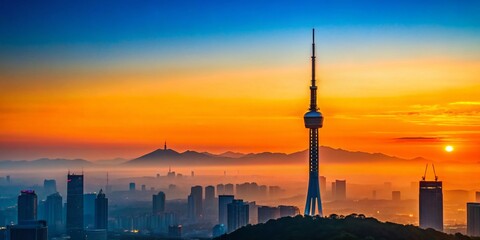 Obraz premium Minimalist Seoul Skyline: N Seoul & Lotte Towers Silhouette at Sunset