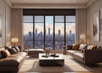 Fototapeta premium Luxurious living room, stylish blinds, city view, stylish, aesthetic