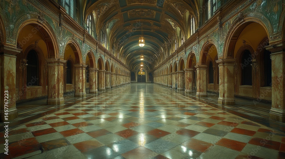 Poster ornate architectural hallway featuring checkered floor and arched columns in opulent design style.