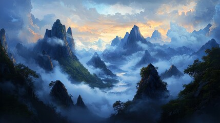 A breathtaking view of majestic mountains enveloped in mist at sunrise, showcasing vibrant skies and dramatic cloud formations.