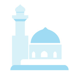 Simple flat vector of a blue mosque with dome and minaret, ideal for Islamic design, Ramadan, or religious education visuals.