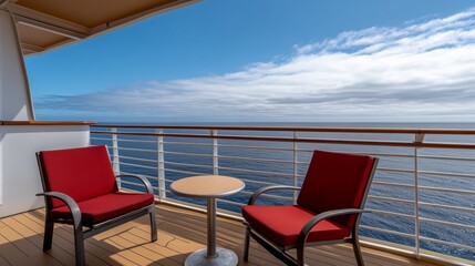 Cruise Ship Balcony Scene Two Red Chairs and Table Overlooking the Ocean
