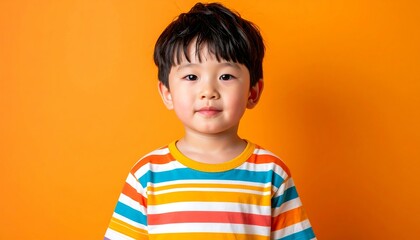 Happy Japanese Kid in Striped Shirt on Orange Background