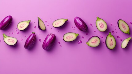 Purple eggplants whole and halved on vibrant background