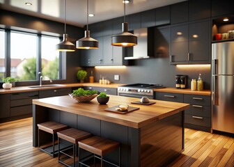 Modern Black Kitchen with Wood Countertop and Island - Tilt-Shift Photography
