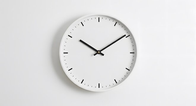 A minimalist white clock with black hands on a white wall indicating ten minutes to eleven o'clock