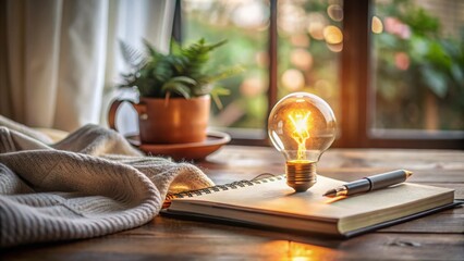 Bright Idea Concept with Light Bulb, Notebook, and Cozy Atmosphere