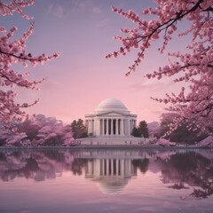 Obraz premium Pink cherry blossoms frame Jefferson Memorial, sky, cherry blossoms, light