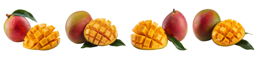 fresh mangoes on white background: whole and cut mango fruits