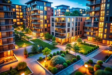 Fototapeta premium Modern European City Night - Tilt-Shift Architecture Photography