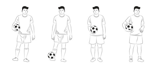Fototapeta premium Vector Illustration of a Football Player Standing in Uniform and Holding a Soccer Ball - Front View, in line art style.