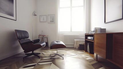 Cozy corner room featuring mid-century modern furniture.