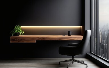 Executive wooden desk with leather office chair in dark minimal workspace featuring black matte wall sharp lighting and elegant decorative plant in corner for business environments,

