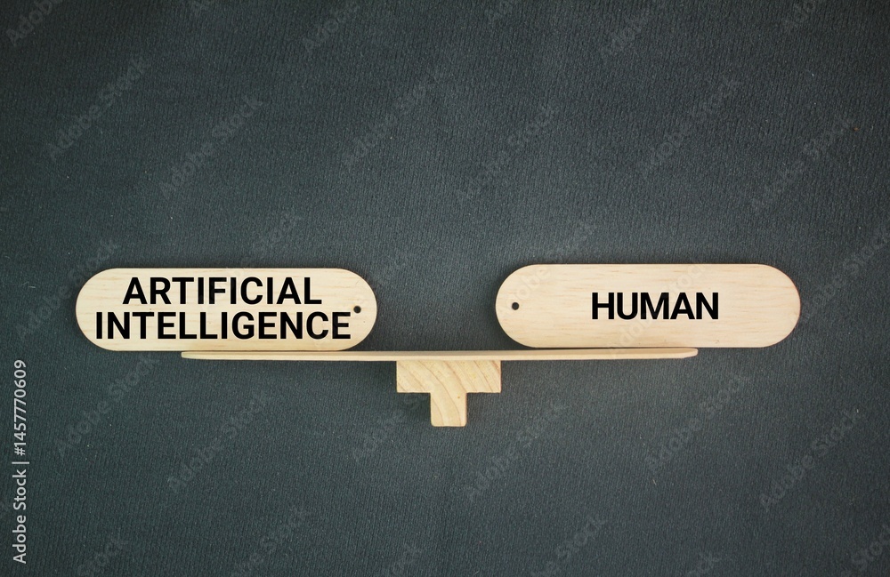 Poster the balance between the words human vs. artificial intelligence. the balance between humans and ai. 