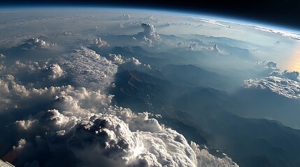 A view of land and the sky, captured from above. The curved horizon is visible, with gradations in the atmosphere. Below, mountains and valleys are partly covered by clouds