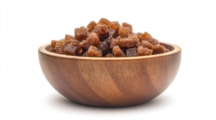 Brown sugar cubes in wooden bowl