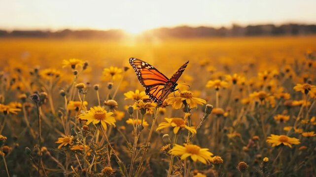 Monarch butterfly on yellow flowers field nature photography sunset meadow summer spring scenic beauty bloom 4k video