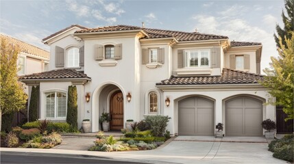 Modern suburban home with clean lines, bathed in soft daylight. Minimalist elegance in a quiet neighborhood setting.
