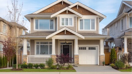 Modern suburban home with clean lines, bathed in soft daylight. Minimalist elegance in a quiet neighborhood setting.
