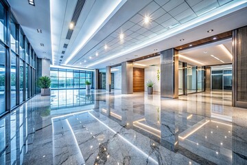 Obraz premium Modern Luxury Office Lobby Interior: Marble Floor, Clean Hallway, Corporate Business Setting