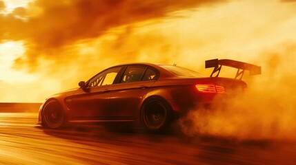 Obraz premium Drifting sports car at sunset
