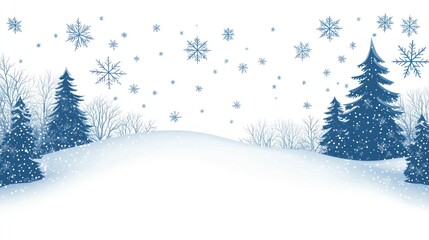 Winter landscape with falling snow and pine trees