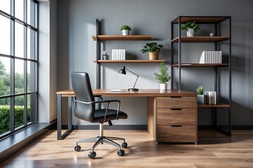 Modern Minimalist Home Office Desk - Dark Oak Wood & Metal Industrial Design