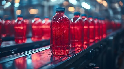 Red plastic bottles on a conveyor belt in a factory  Bottled drink production line