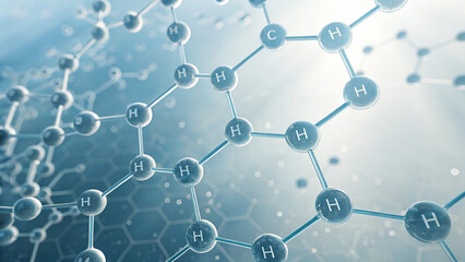 Fototapeta premium Hydrogen fuel future concept. Abstract molecular structure with interconnected atoms and bonds.
