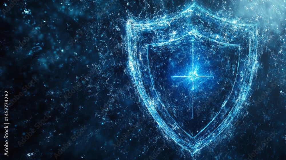 Poster a glowing blue shield with a cross in the center surrounded by abstract light particles effect