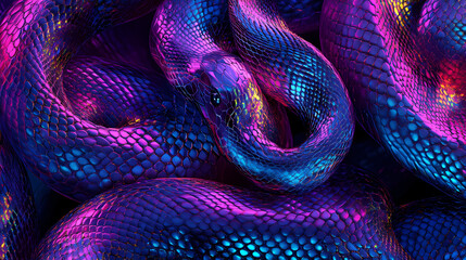 Fototapeta premium Seamless iridescent neon snake skin texture pattern. realistic style. [Neon Beasts] | Infrared Growl | stealth heat. Illustration