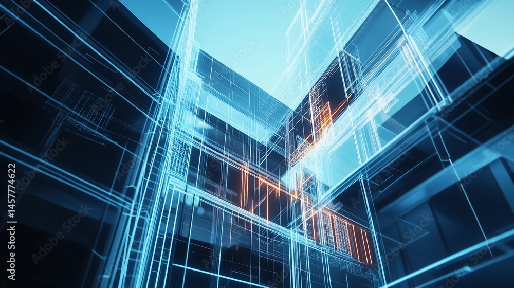 Poster abstract digital blueprint of a building structure with blue and orange line art