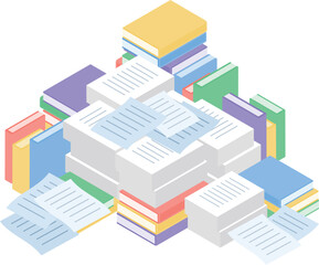 大量の資料や書類が山積みになっているイラスト