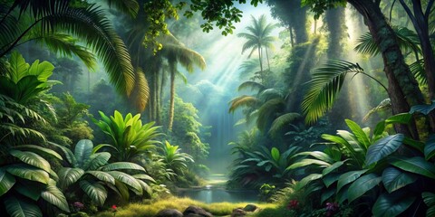Lush Tropical Paradise Sunbeams Illuminate a Tranquil Jungle Scene with Verdant Flora and a Serene Pool of Water