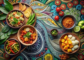 Modern Tribal Doodle Art Food Photography Background for Travel Blog