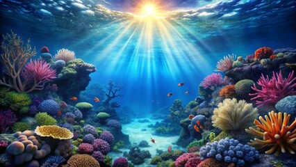 Fototapeta premium Vibrant Underwater Paradise Sunbeams Illuminate a Thriving Coral Reef Ecosystem with Colorful Fish and Diverse Marine Life