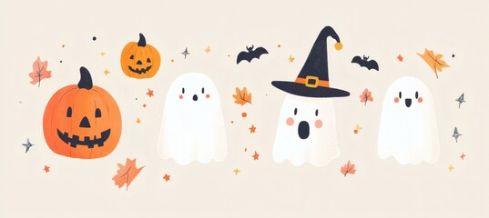 Cute Halloween cartoon faces with ghosts, pumpkins, and witch hat on pastel background for festive design and clipart
