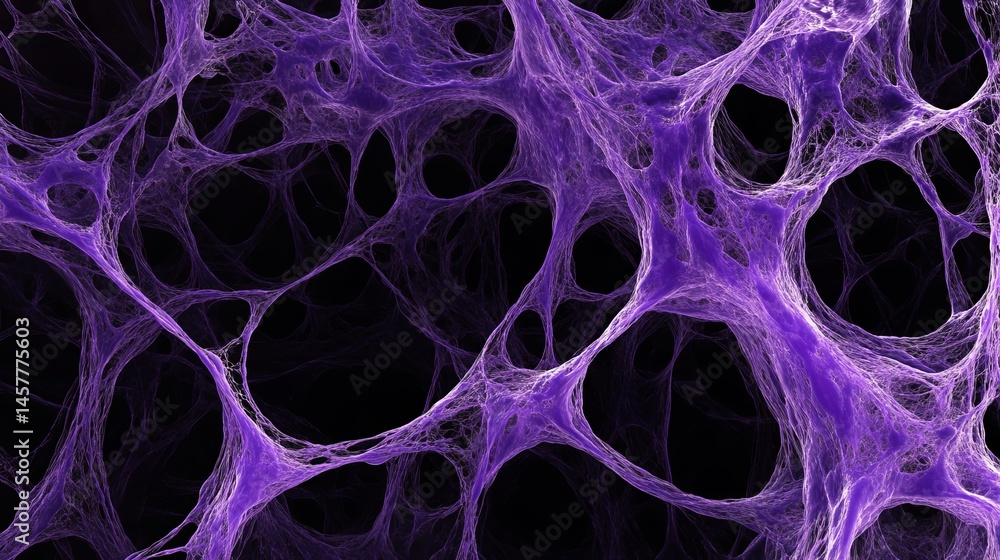 Poster a purple network of interconnected strands against a dark background with many open spaces