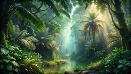 Serene Tropical Paradise Sunbeams Illuminate Lush Rainforest Canopy, Tranquil Creek Meanders Through Verdant Foliage