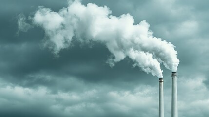 Industrial chimneys emitting smoke against cloudy sky