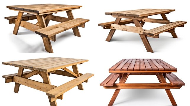 Four picnic tables, various wood tones